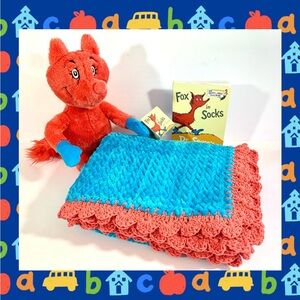 🌺SOLD🌺Dr Suess Fox in Sox Crochet Baby Blanket 3 Piece Gift Set